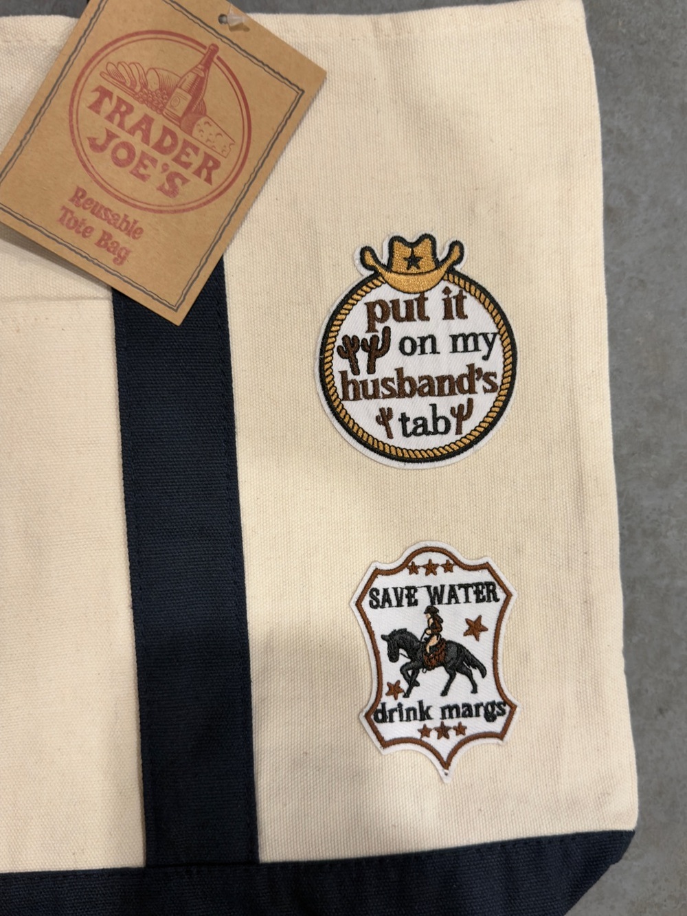One of a Kind Trader Joe’s Canvas Tote NWT Handmade Western Patch Bag - Picture 3 of 9